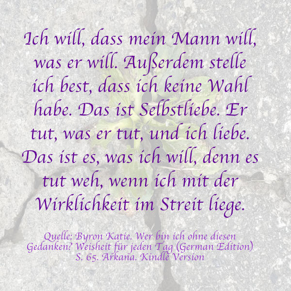 Byron Katie, Stifterin von The Work, vertritt manchmals herausfordernde Ansichten hinsichtlich der Selbstliebe. So sagte sie: Ich will, dass mein Mann will, was er will. Außerdem stelle ich best, dass ich keine Wahl habe. Das ist Selbstliebe. Er tut, was er tut, und ich liebe. Das ist es, was ich will, denn es tut weh, wenn ich mit der Wirklichkeit im Streit liege. Dies ist ein Zitat aus ihrem Buch "Wer bin ich ohne diesen Gedanken?" 
