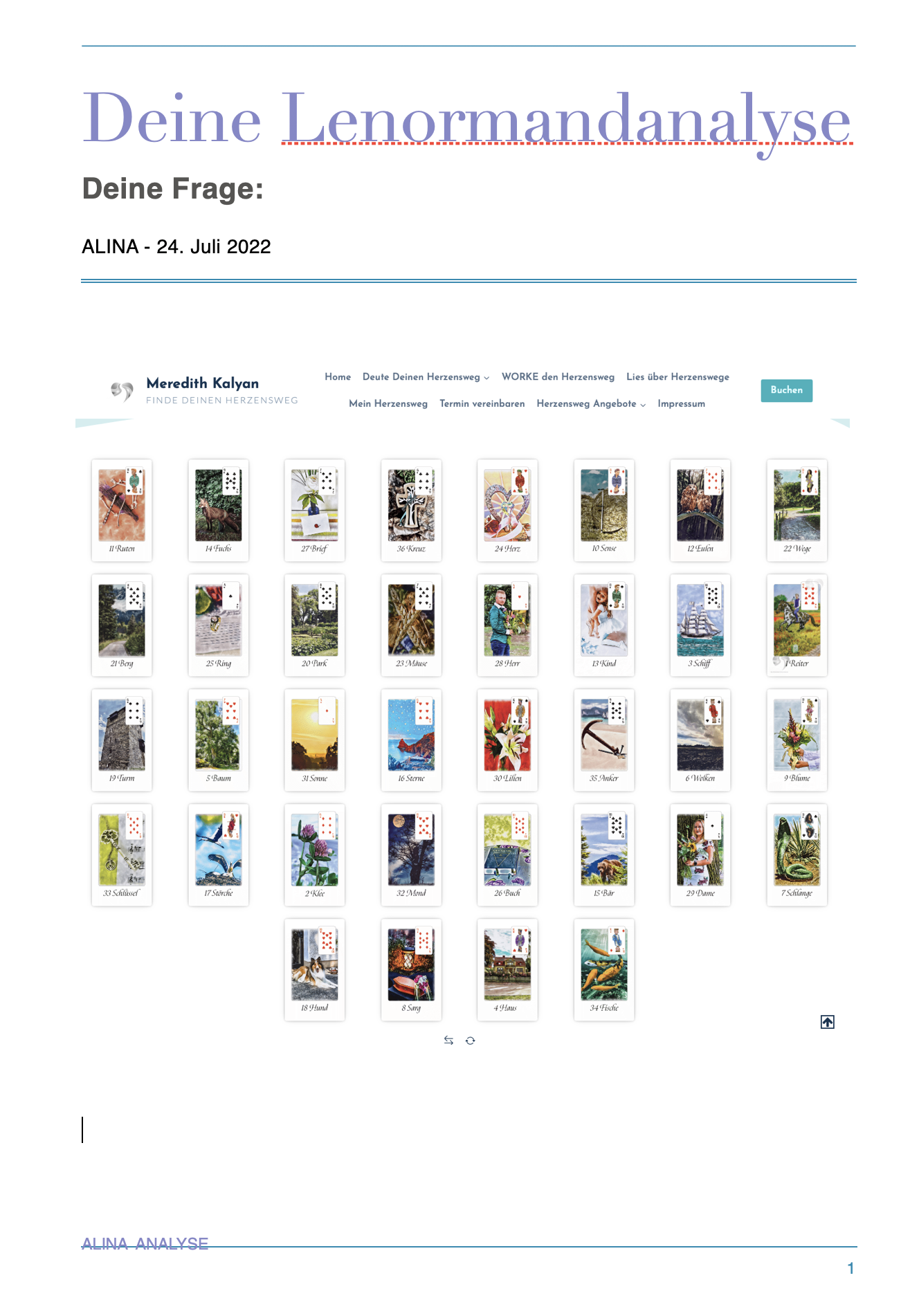 Das Bild zeigt das Deckblatt einer schriftlichen Analyse mit dem Strahlenlenormand. Dieses 2- bis 6-seiteige Dokument kann anstelle des Lenormand Kartenlegens online oder in Unna gebucht werden.