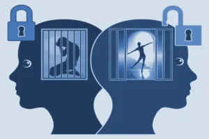 Die Grafik illustriert anhand von Gitterstäben im Kopf unsere Gedankengegängnisse, die wir mit Byron Katies Work öffnen können. Es steht für die Work-Abende des Transformations-Cafés.