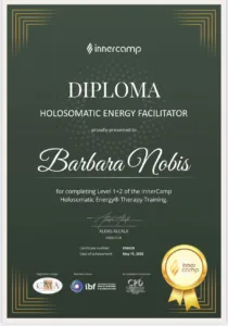 Das Foto zeigt das Zertifikat von Barbara Nobis als Holosomatic Energy Facilitatorin.