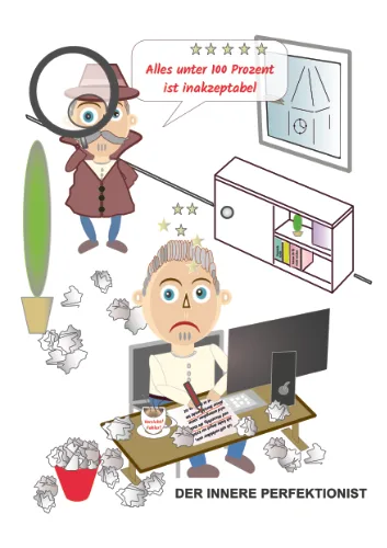 Karikatur mit Sprechblase: Der innere Perfektionist am Schreibtisch. Typ 1 aus dem Innerer-Kritiker-Test.