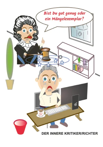 Illustration eines Mannes am PC: Der innere Richter. Gesicht 2 der 7 Formen des inneren Kritikers.