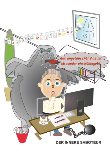 Karikatur: Der innere Saboteur oder Pessimist als Persönlichkeitsanteil. Typ 4 aus dem Innerer-Kritiker-Test.